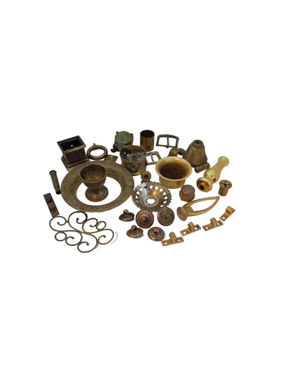 Lot Of Vintage Brass Hardware, Lamp Tops, Drawer Pulls, Bell, Buckles And More